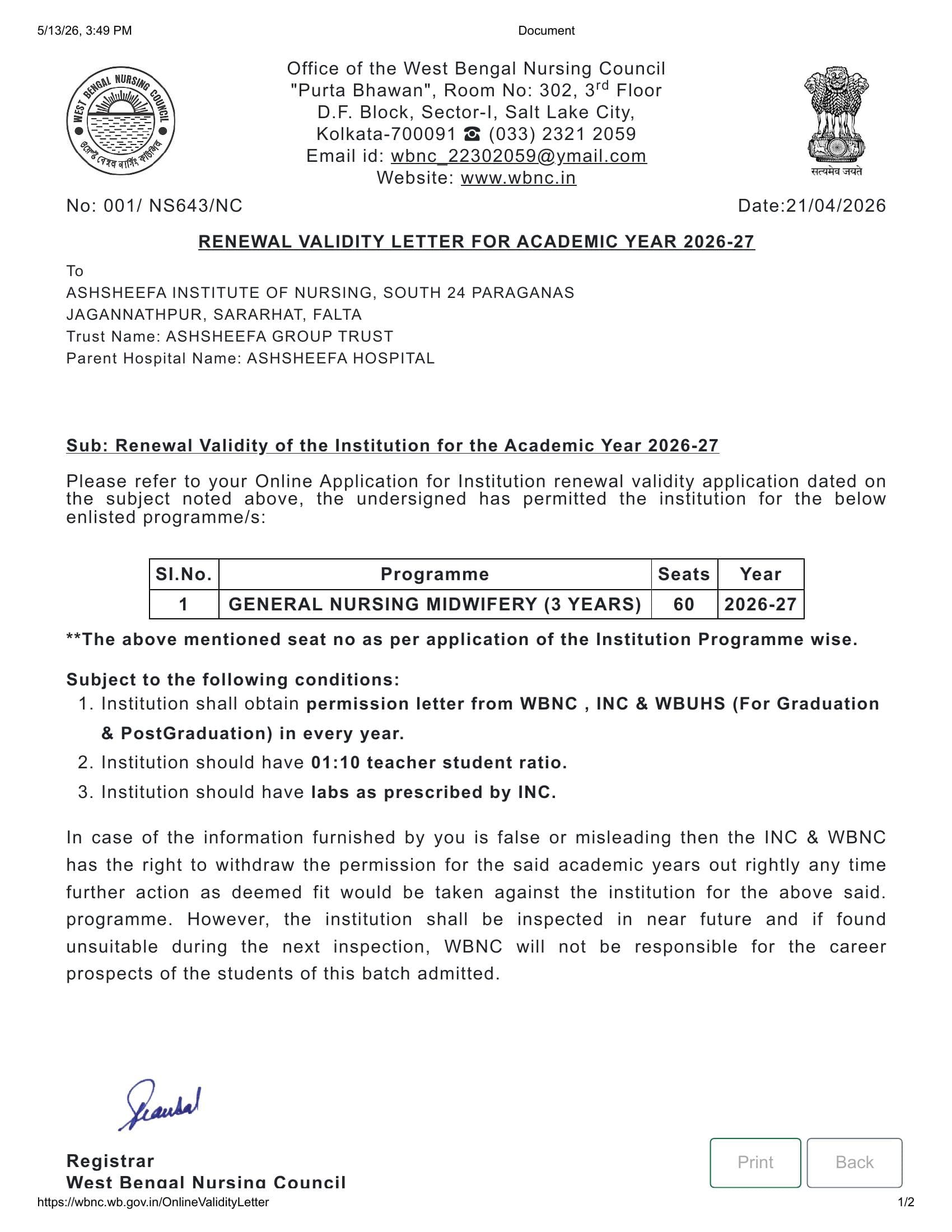 WBNC Certificate
